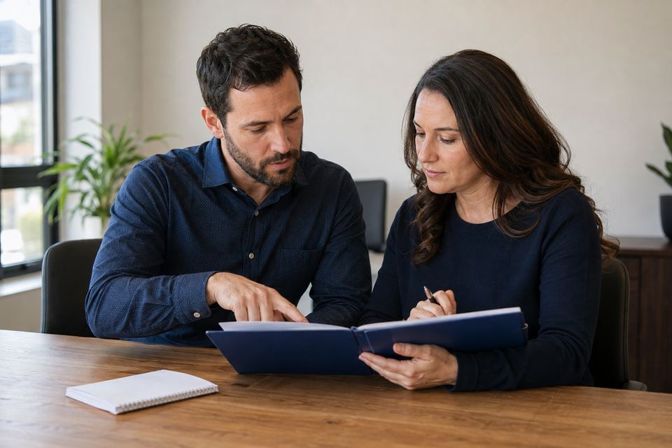 Deux personnes examinent ensemble un dossier de candidature bien rangé, sur un bureau de local communautaire.
