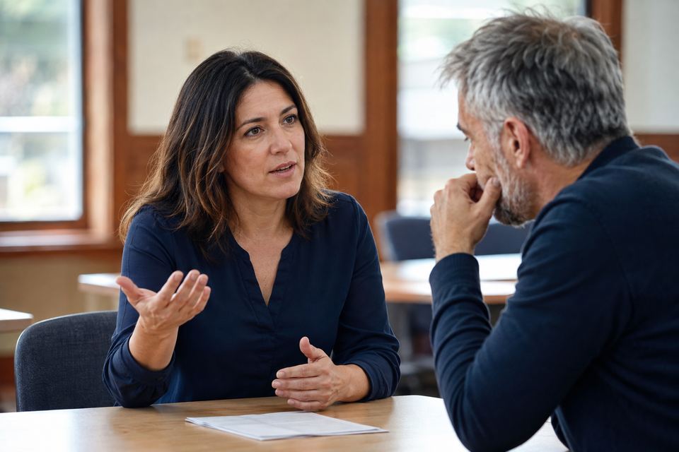 Deux personnes pratiquent une conversation calme : l'une parle main ouverte, l'autre écoute.
